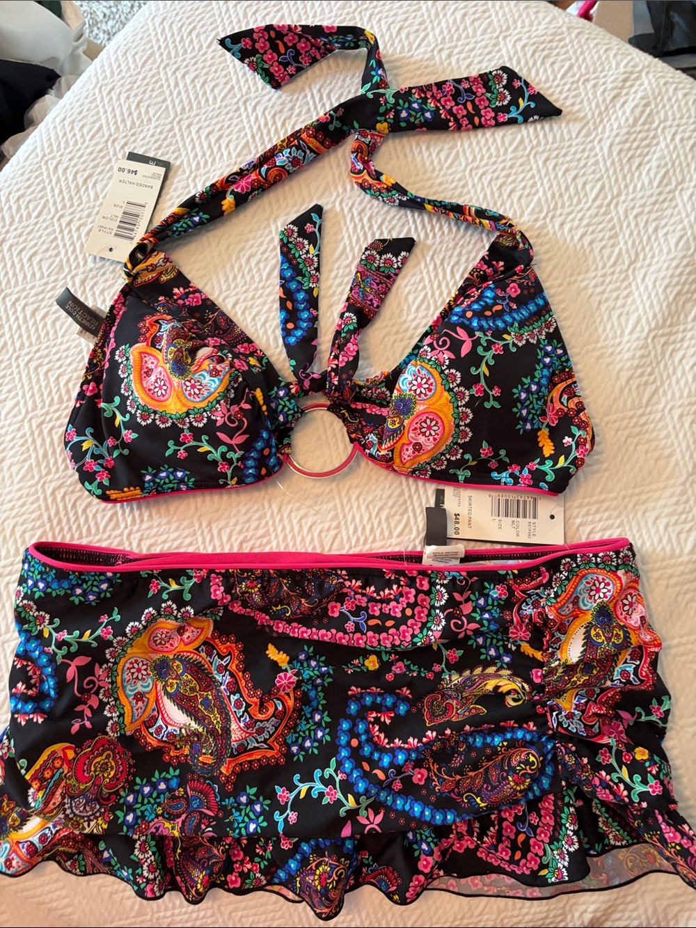 Kenneth Cole Reaction Black Paisley Halter Bikini with Pink Trim